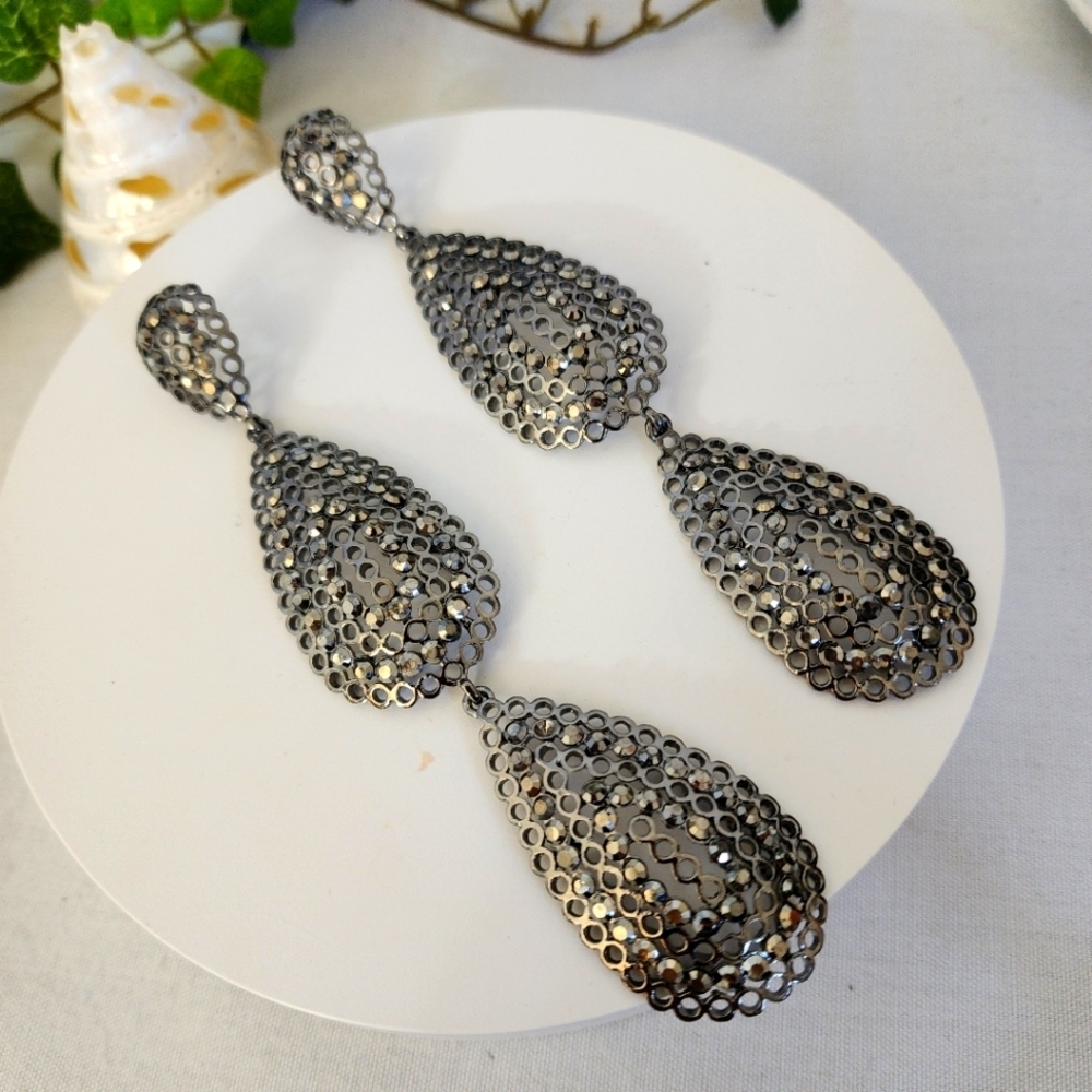 Large Silver Gunmetal Teardrop Statement Earrings